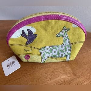Yellow and pink NWT Fossil makeup case with deer and bird design